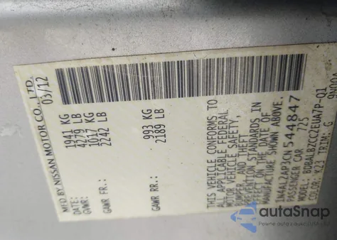 2012 Nissan Altima 2.5 S z USA, uszkodzony, nr VIN 1N4AL2AP3CN544847